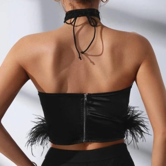 Feather Detailed Hot black Halter Top - Picture 4 of 5